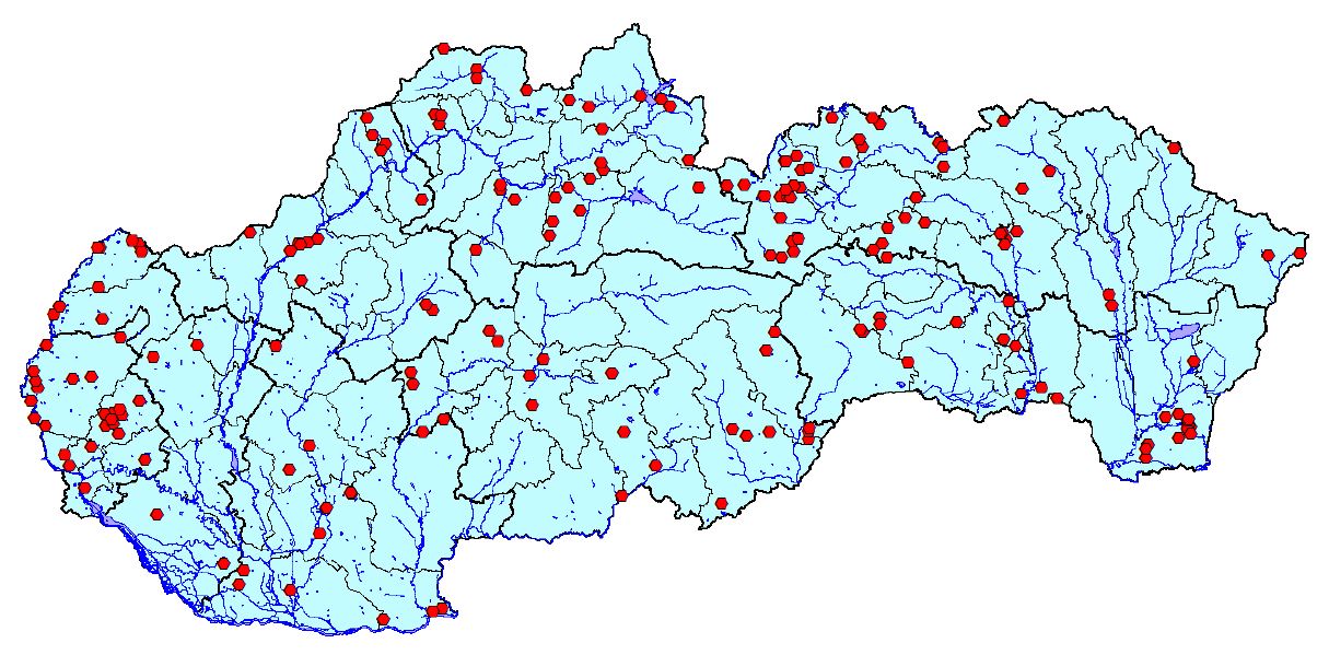 Mapa: Umiestnenie monitorovaných transektov na Slovensku v rokoch 2005 – 2020