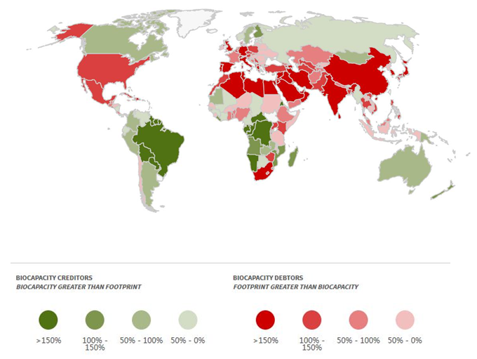 Mapa: Grafické znázornenie ekologických stôp na Zemi