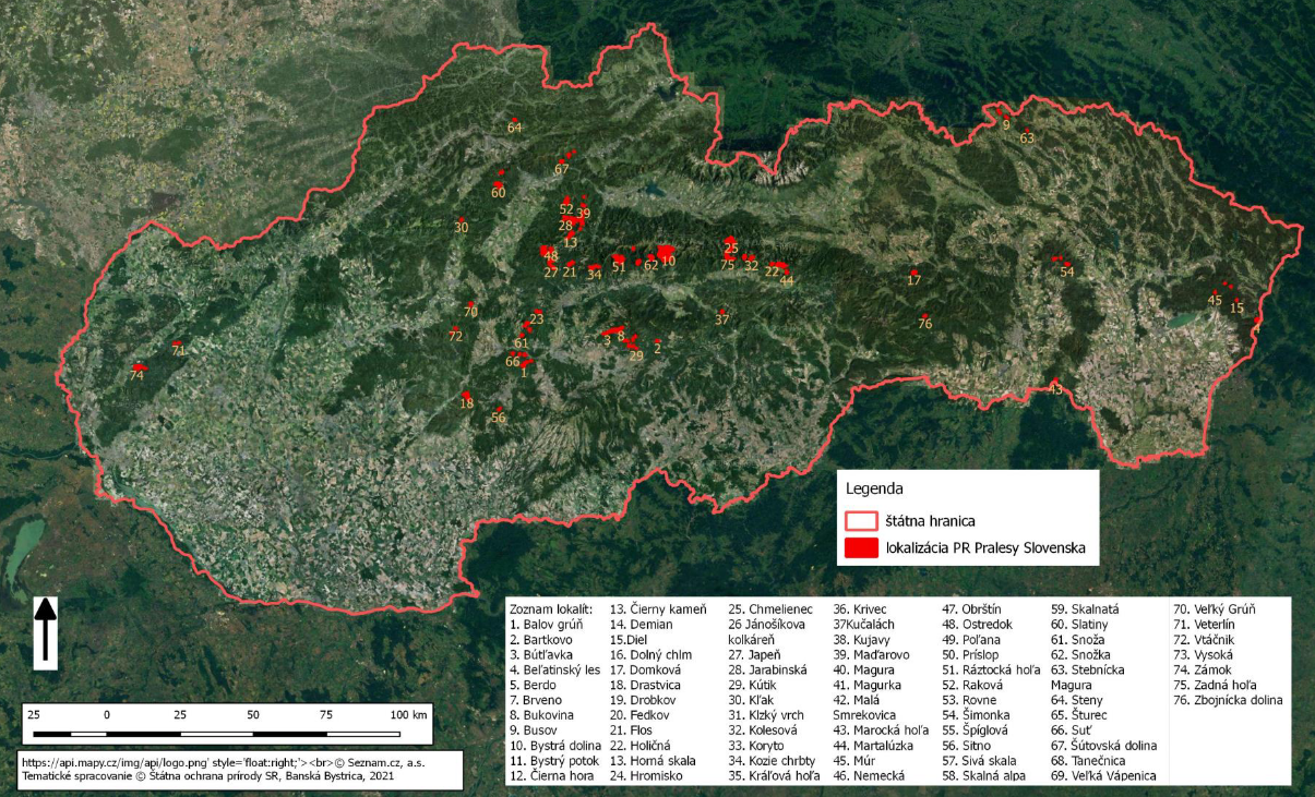 Mapa schválených lokalít prírodných rezervácií Pralesy Slovenska
